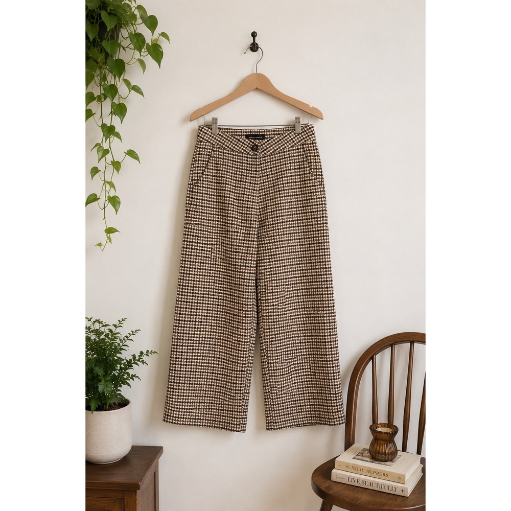 Fanle Studio Wool Blend Cropped Wide Leg Plaid Pants Brown Houndstooth S Preppy